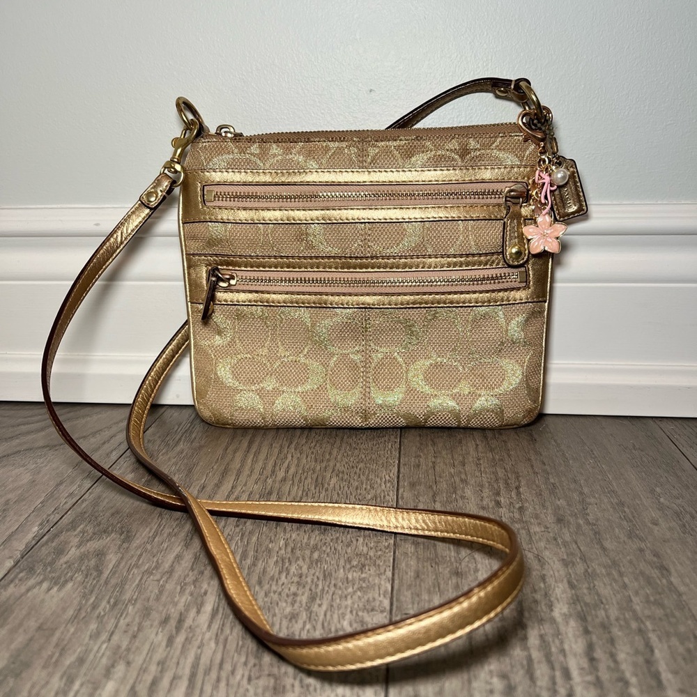 Coach Metallic Beige Signature Crossbody Bag with Floral Charm